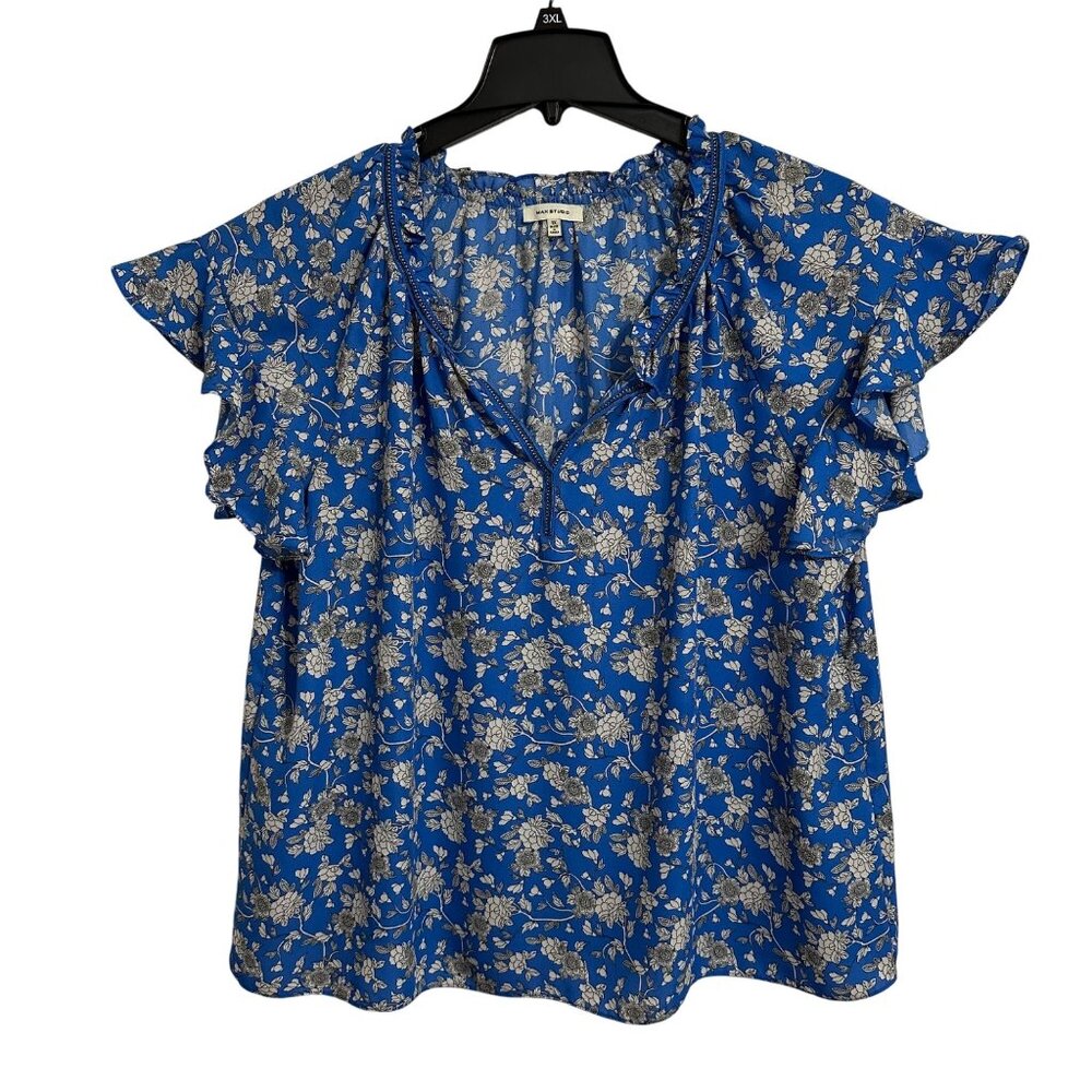 Max Studio Dark Blue Floral Flutter Sleeve Womens 1XL Blouse Fairy Summer